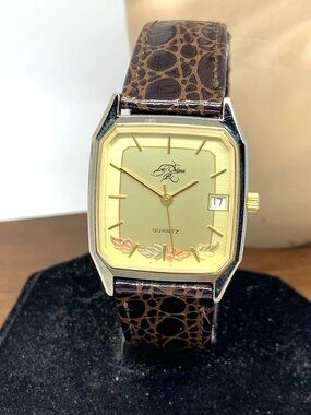 Le Mann Women's Watch Quartz Black Hills Gold Accent Brown Leather Tank 28mm